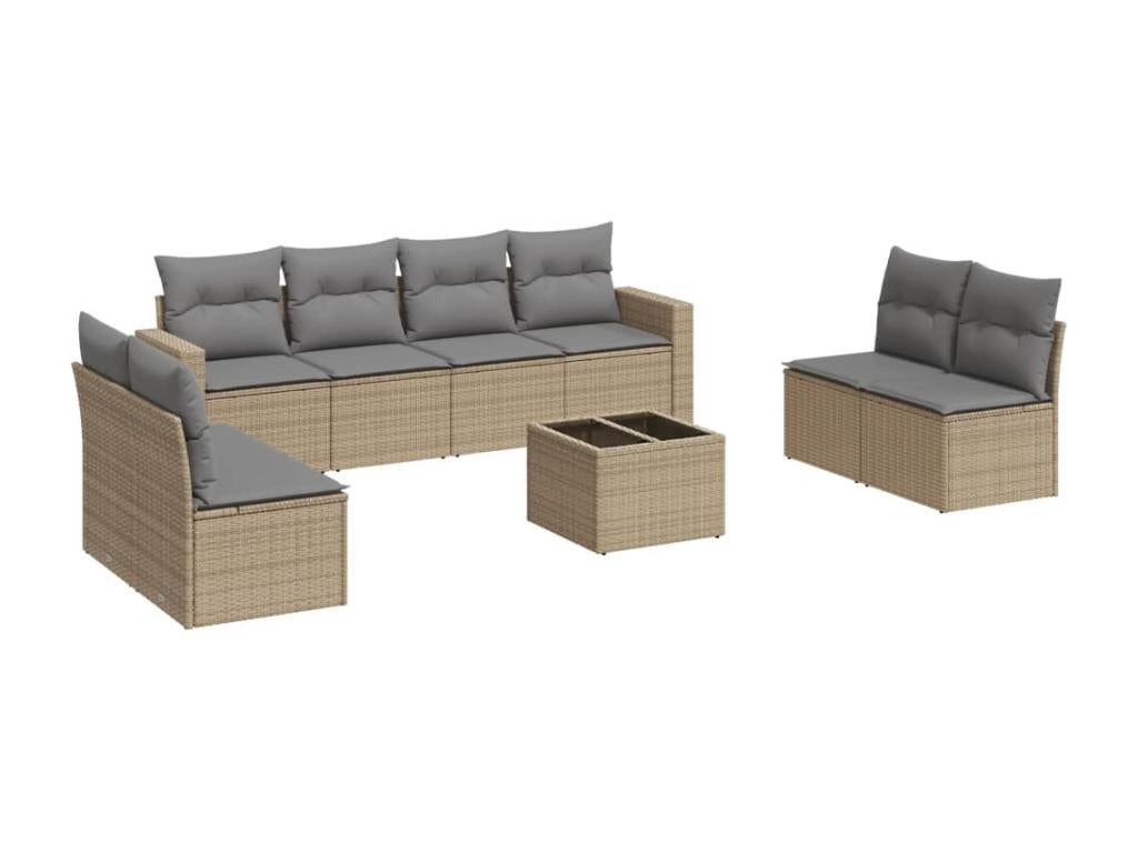 Set di mobili da giardino da 9 pezzi con cuscini, resina intrecciata beige, 62444OBCE