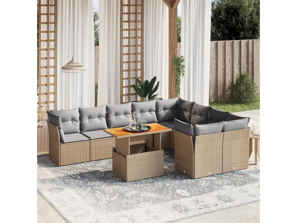Set di mobili da giardino da 10 pezzi con cuscini, resina intrecciata beige, 37527PLEW