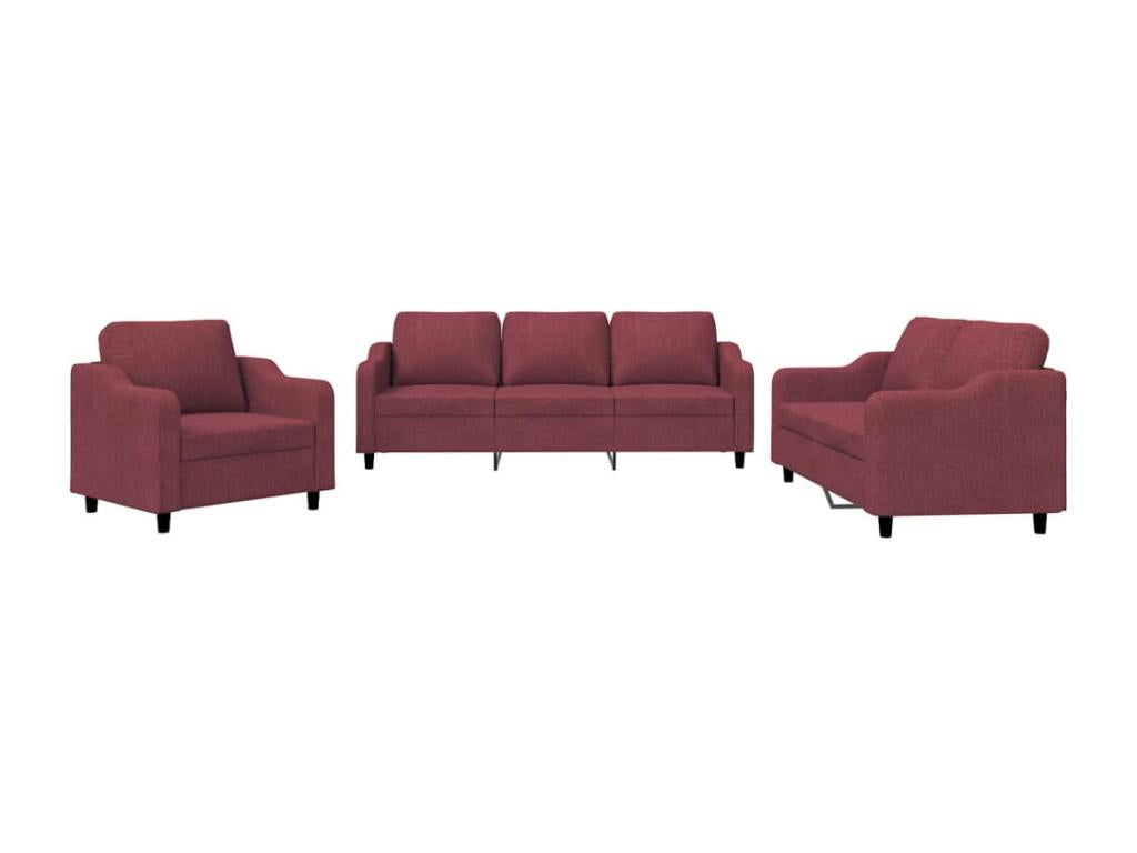Set divano 3 pezzi con cuscini, tessuto rosso bordeaux, 63735AXMU