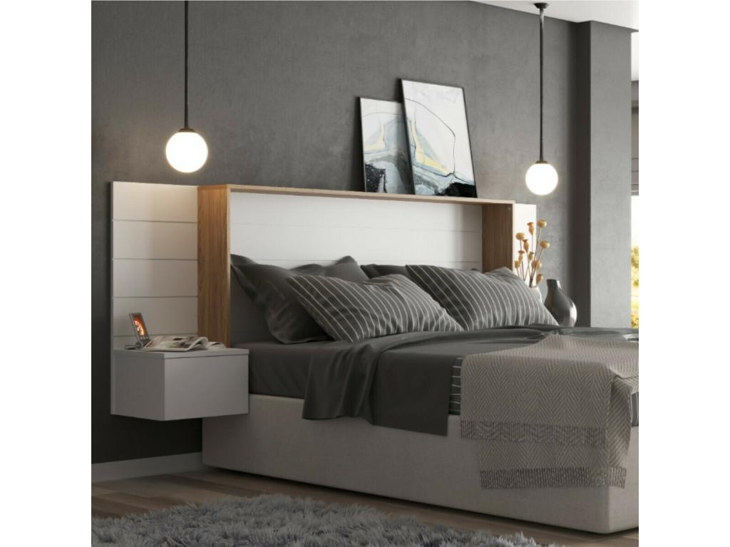 Testiera con comodini, 160 cm, fibra di legno bianca e legno, Calmetop 28632BHFH