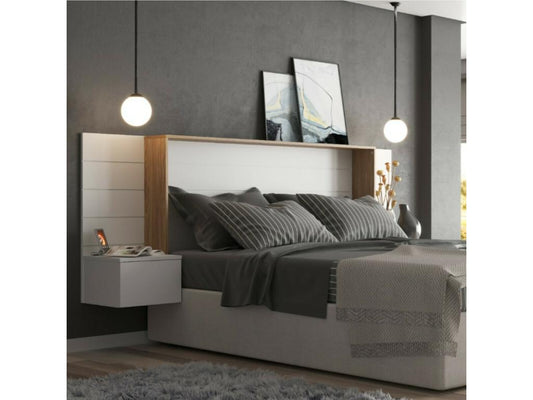 Testiera con comodini, 160 cm, fibra di legno bianca e legno, Calmetop 28632BHFH