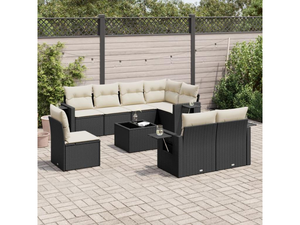 Set di mobili da giardino da 9 pezzi con cuscini, vimini in resina nera 84483INWU