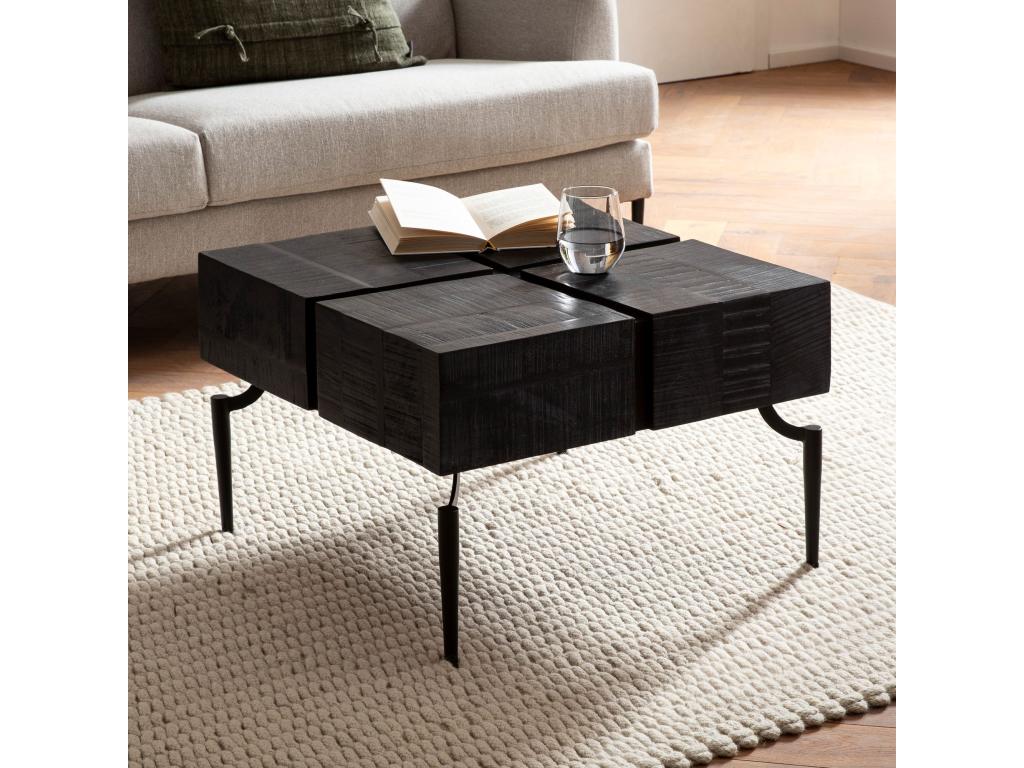 Tavolino quadrato, in legno massello e metallo, 60x60x40 cm, tavolo da soggiorno moderno, 58537JIOM