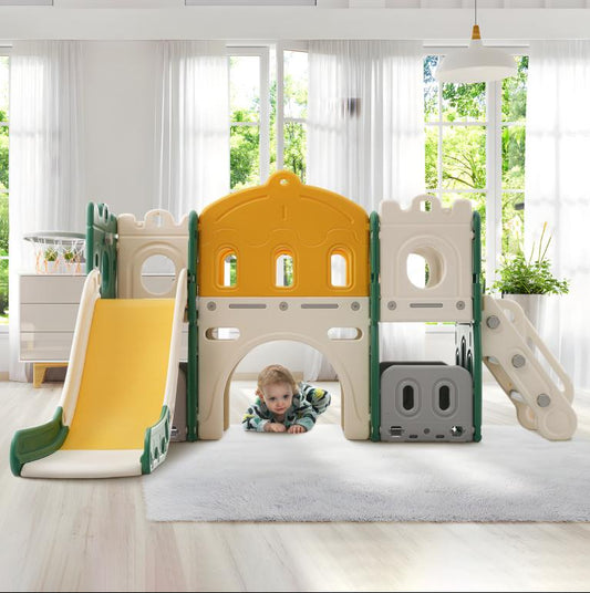 Scivolo per bambini 5 in 1 per uso interno o esterno con scaletta, canestro da basket, spazio di archiviazione, gioco di esercitazione, corsia di divertimento, verde 14545YCWT