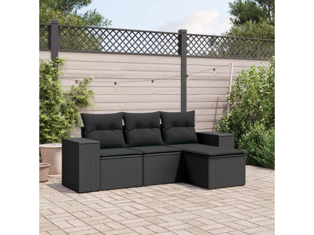 Set di mobili da giardino 4 pezzi con cuscini, resina intrecciata nera 87785MQYA