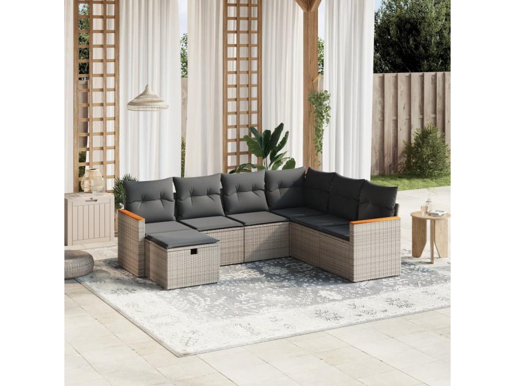 Set di mobili da giardino con cuscini, 7 pezzi, resina intrecciata grigia, 66677HUXR