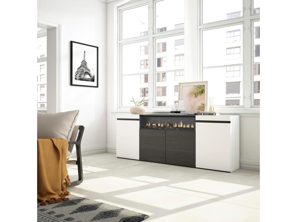 Credenza per soggiorno e cucina, 200x75x35cm, 4 ante, camino elettrico, 49360MLTC