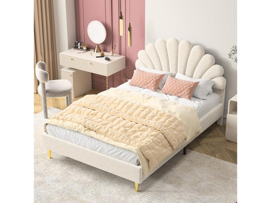 Letto matrimoniale 140x200, letto imbottito, letto per adulti con testiera beige a forma di fiore, 46299NLIQ