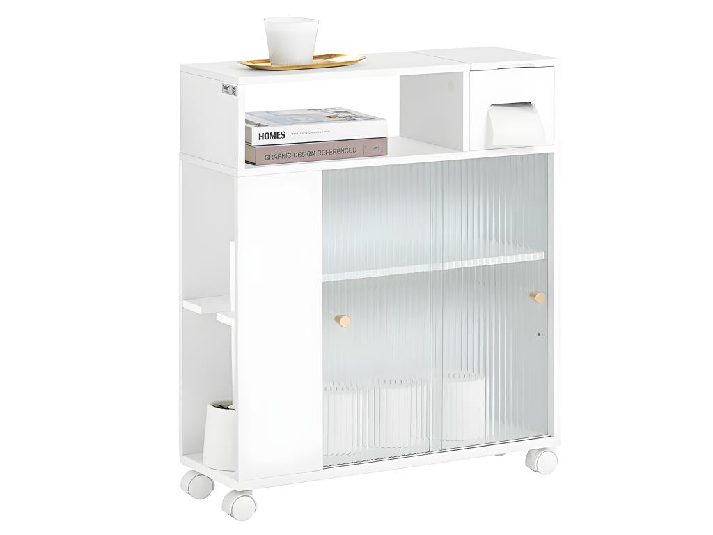 Maisonpuretop BZR117-W Mobiletto WC compatto con ruote, porta carta igienica e 2 ante scorrevoli in vetro 88528THSB