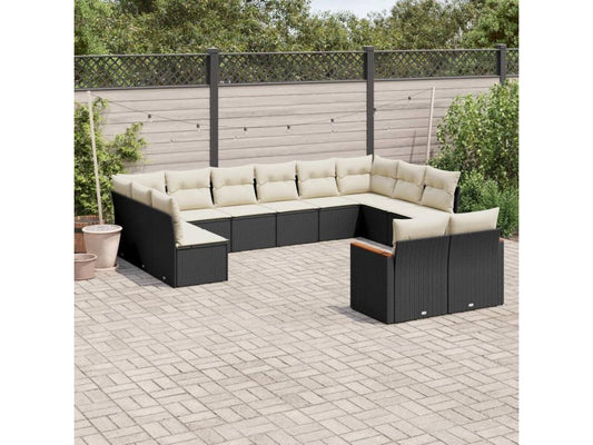 Set di mobili da giardino da 12 pezzi con cuscini, in resina intrecciata nera, 61790VAKT