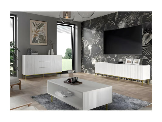 Mobile TV Calmetop con 4 ante in legno e cornice dorata - Bianco opaco - L 200 x P 42 x A 58 cm 90071POEW