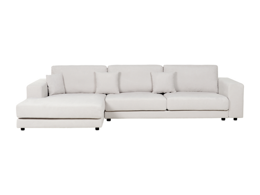 Divano angolare a 4 posti, lato sinistro, stile moderno e minimalista, tessuto bianco, Maisonpuretop 53830GCFV