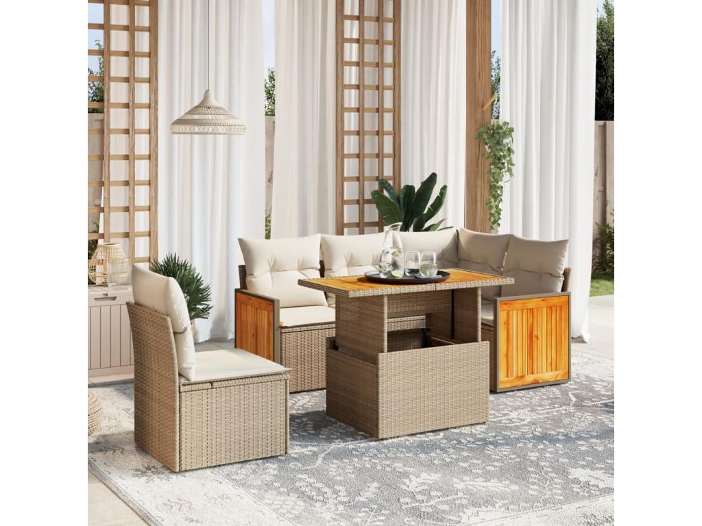 Set di mobili da giardino 6 pezzi con cuscini, resina di vimini beige, 72627HIRG