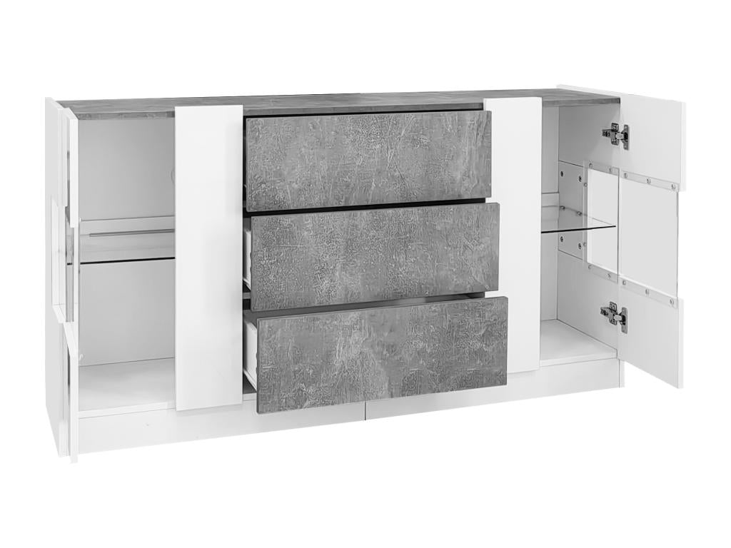 Credenza con illuminazione LED - 2 ante e 3 cassetti - frontale bianco lucido ed effetto marmo grigio - Bianco 08497XLSV