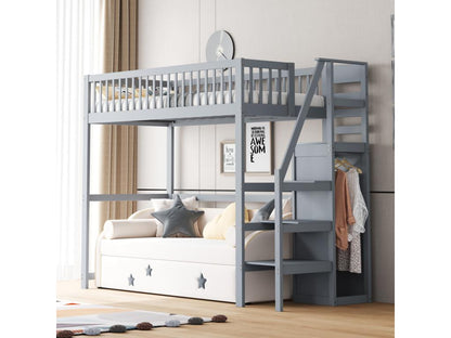 Letto a soppalco 90x200 cm con armadio e scaletta - Legno massello multistrato MDF - Grigio (Materasso non incluso) 87383UAVJ