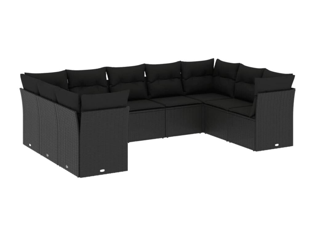 Set di mobili da giardino da 9 pezzi con cuscini, resina intrecciata nera, 65131ZQKV