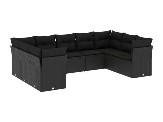 Set di mobili da giardino da 9 pezzi con cuscini, resina intrecciata nera, 65131ZQKV