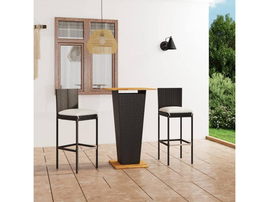 Set da bar da giardino 3 pezzi e cuscini, resina intrecciata nera, 68900IXBP