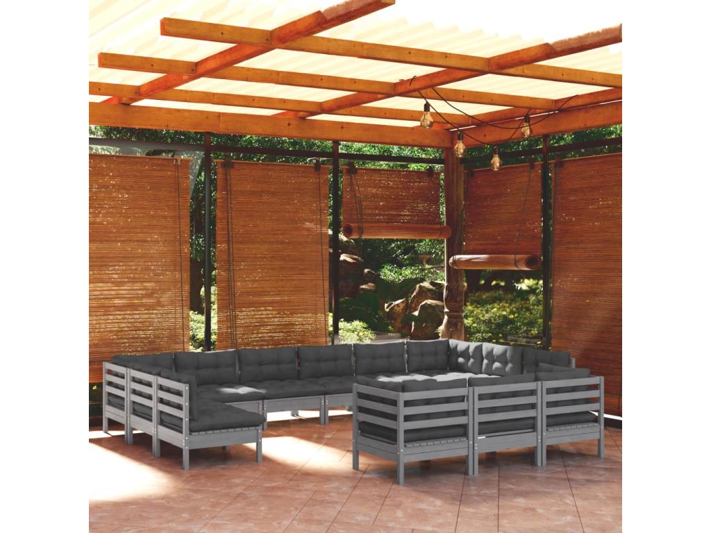 Set di mobili da giardino da 13 pezzi con cuscini, legno di pino grigio, 28484QAGV