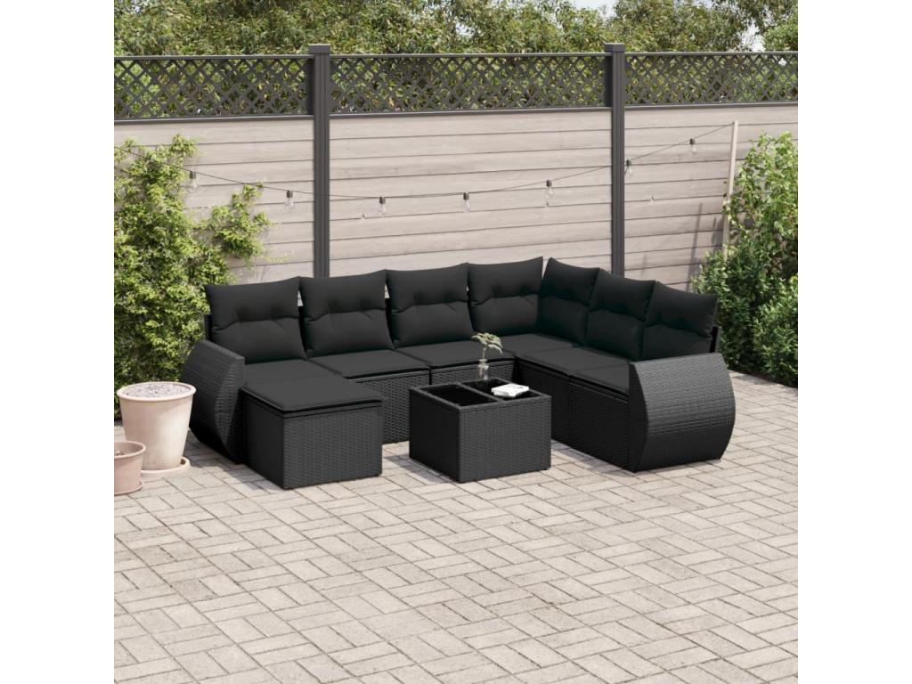 Set di mobili da giardino da 8 pezzi con cuscini, vimini in resina nera 04746ARLJ