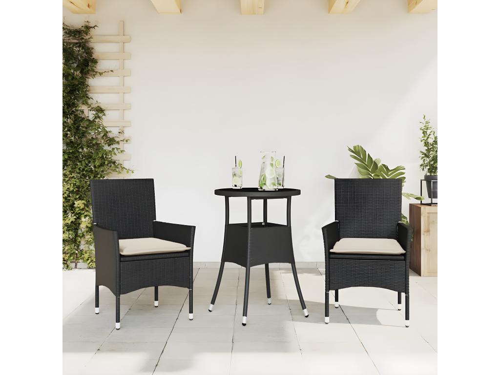 Set da pranzo da giardino 3 pezzi con cuscini, rattan nero e vetro, 88538TRQW