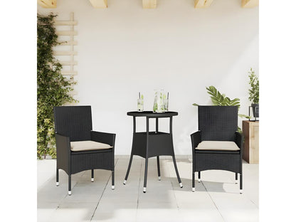 Set da pranzo da giardino 3 pezzi con cuscini, rattan nero e vetro, 88538TRQW