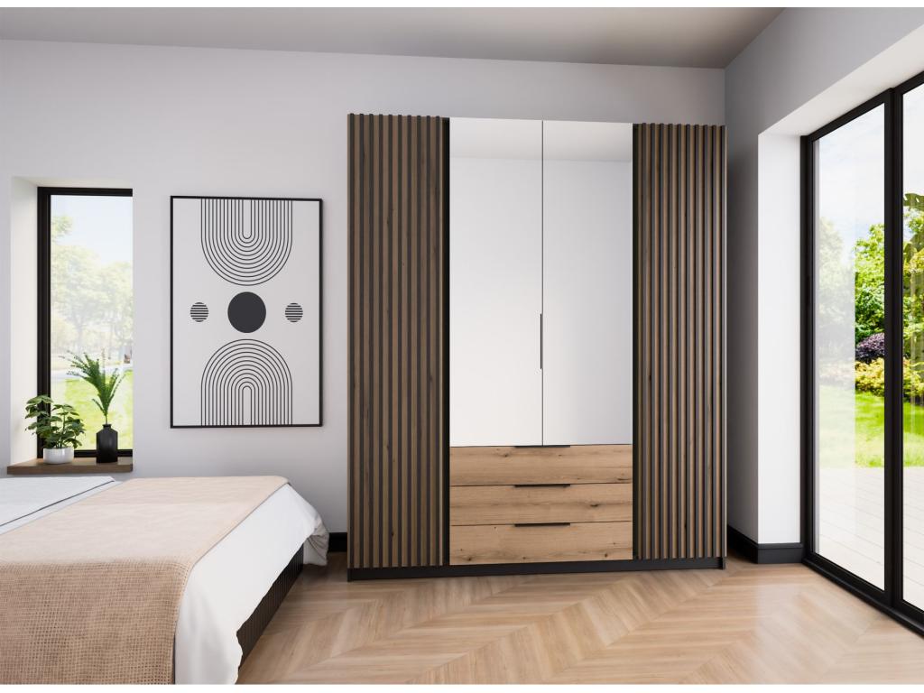 Armadio con doghe a specchio e 3 cassetti - 200 cm - rovere/nero - Artvivrestore 98611LISO