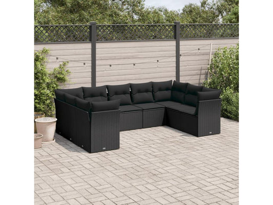 Set di mobili da giardino da 9 pezzi con cuscini, resina intrecciata nera, 65131ZQKV