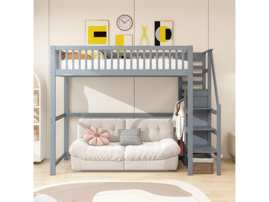 Letto a soppalco 90x200 cm con armadio e scaletta - Legno massello multistrato MDF - Grigio (Materasso non incluso) 87383UAVJ