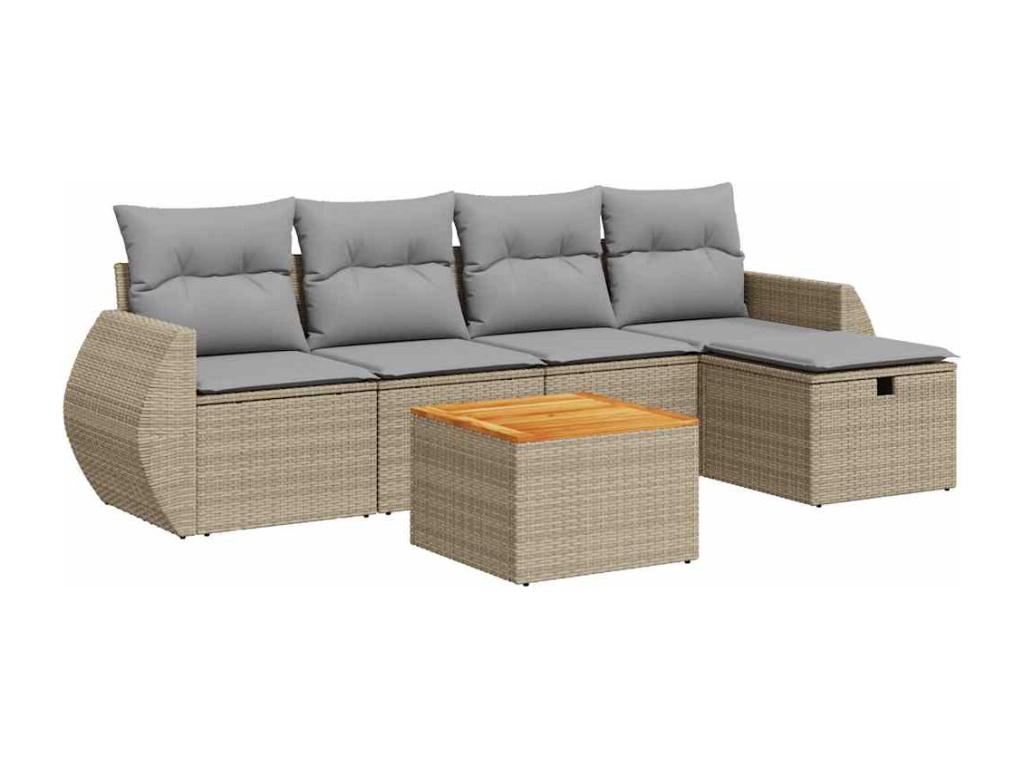 Set di mobili da giardino con cuscini, 6 pezzi, resina intrecciata beige, 02771PBBW