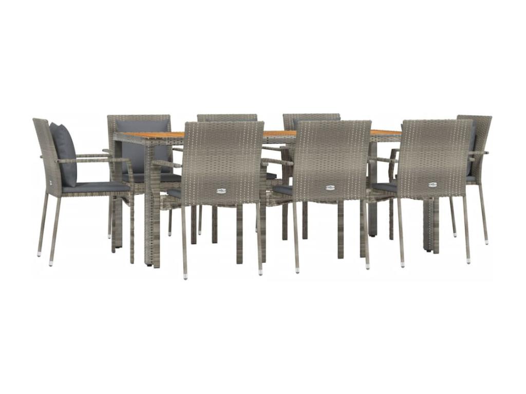 Set da pranzo da giardino da 9 pezzi con cuscini in vimini di resina grigia 57211RPHD