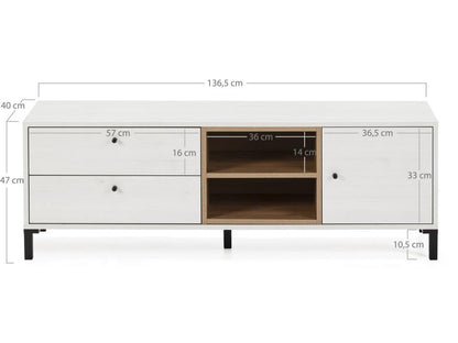 Mobile TV Maisonpuretop con 2 cassetti e 1 anta, colore bianco e legno, larghezza 136,5 cm, 78461TBCD
