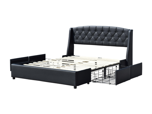 Artvivrestore - Letto 120x190 robusto e confortevole con rete a doghe, 4 cassetti, testiera, nero, gambe da 4 cm - 13 Lat 79425KWKM