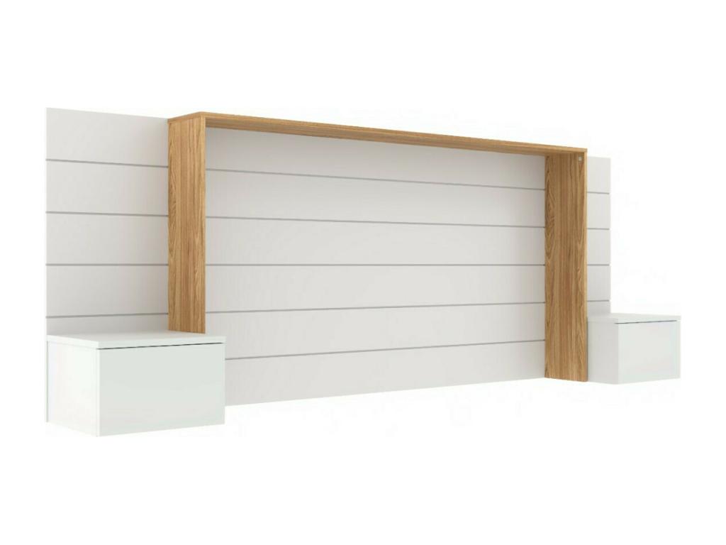 Testiera con comodini, 160 cm, fibra di legno bianca e legno, Calmetop 28632BHFH