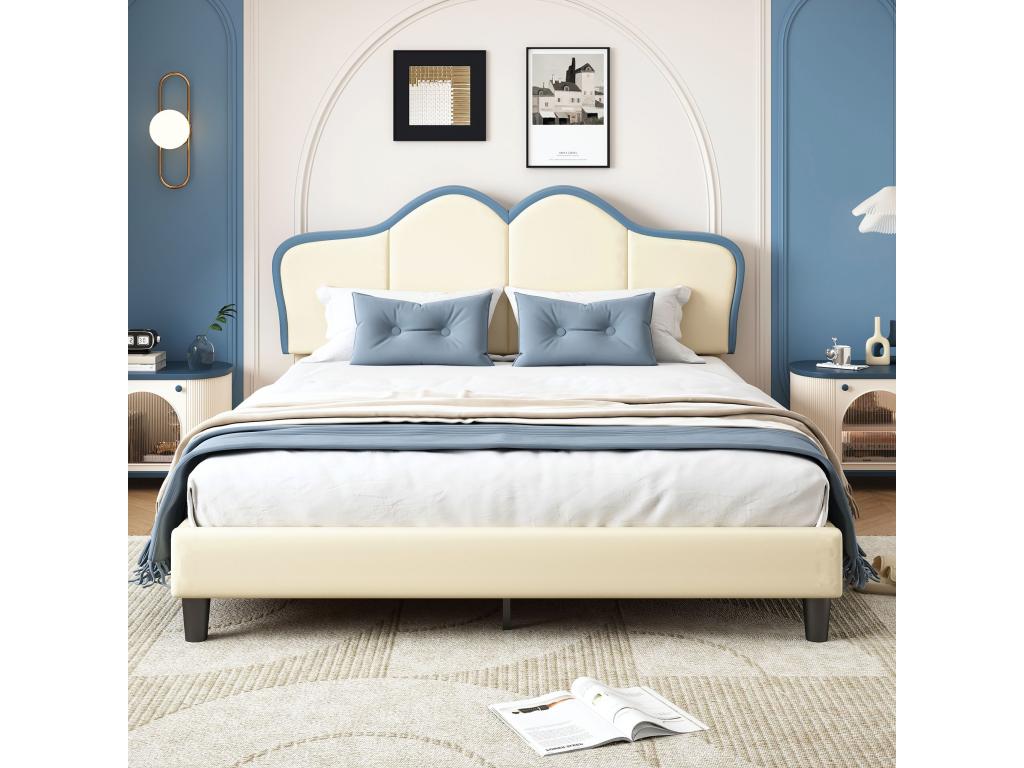 Letto imbottito per bambini 140x200 cm con bordi morbidi di protezione, gambe robuste, rivestimento in PU bianco e blu 40141JUCR