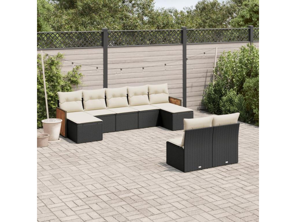 Set di mobili da giardino da 9 pezzi con cuscini, resina intrecciata nera, 58855FRAQ
