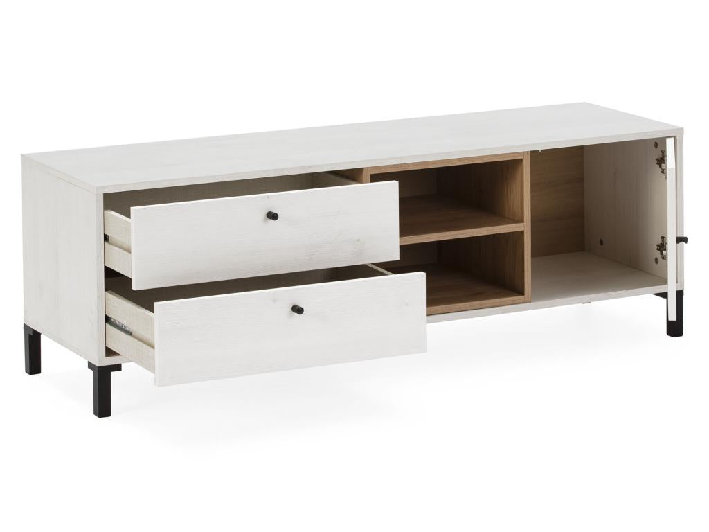 Mobile TV Maisonpuretop con 2 cassetti e 1 anta, colore bianco e legno, larghezza 136,5 cm, 78461TBCD