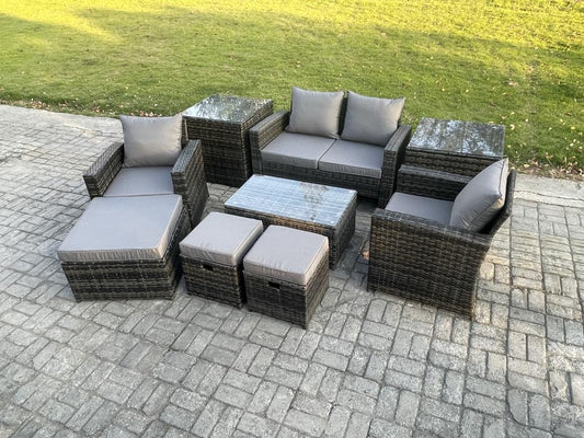 Set di mobili da giardino in rattan grigio scuro a 7 posti con divano, tavolino e 3 sgabelli 77815BCDM