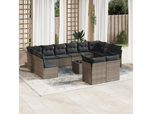 Set di mobili da giardino con cuscini, 13 pezzi, resina intrecciata grigia, 52810PTCP