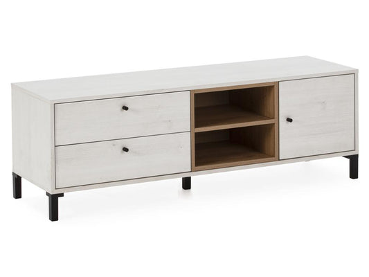 Mobile TV Maisonpuretop con 2 cassetti e 1 anta, colore bianco e legno, larghezza 136,5 cm, 78461TBCD