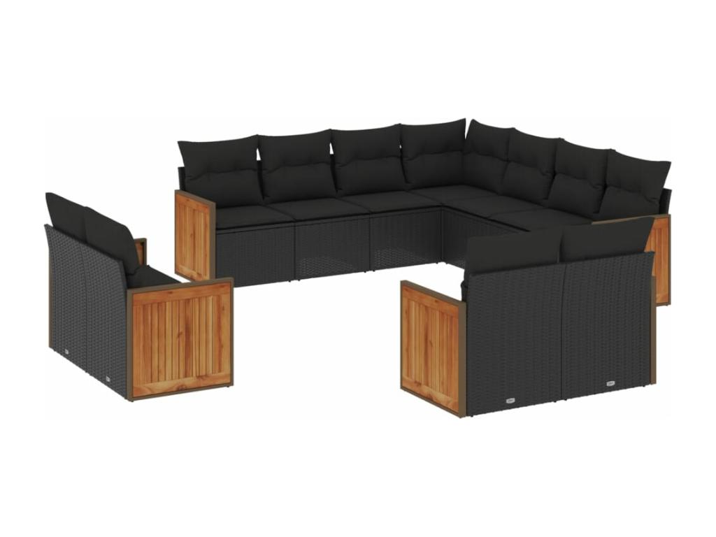 Set di mobili da giardino da 11 pezzi con cuscini, in resina intrecciata nera, 43637WWQT