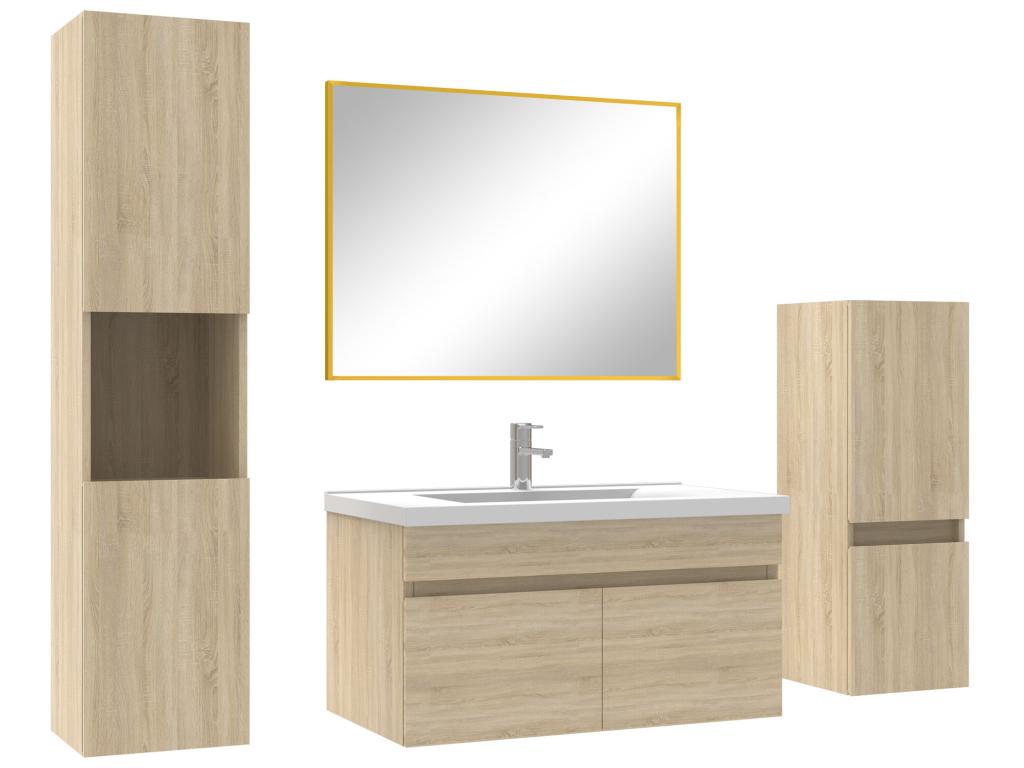 Set di mobili da bagno da 80 cm con colonna a specchio da parete, finitura rovere, Artvivrestore 50855TKUG
