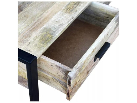 Tavolino da caffè con 2 cassetti, legno massello di mango invecchiato chiaro e metallo nero, Grigio 74707PKUQ