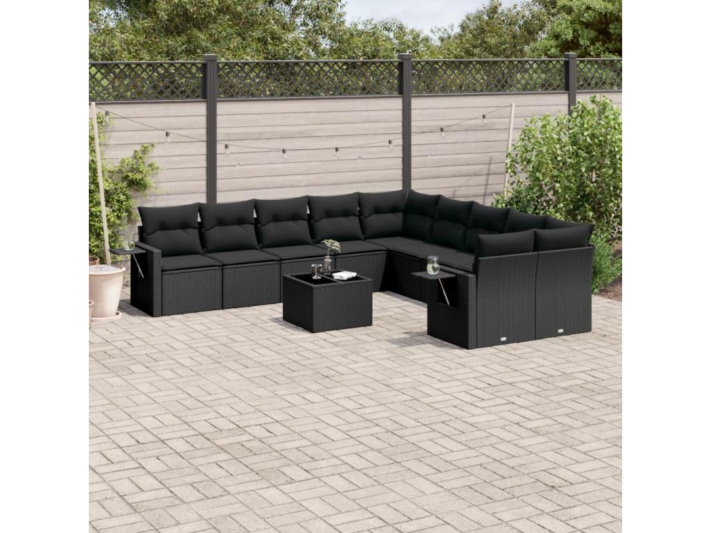 Set di mobili da giardino da 11 pezzi con cuscini, in resina intrecciata nera, 96721LDDX