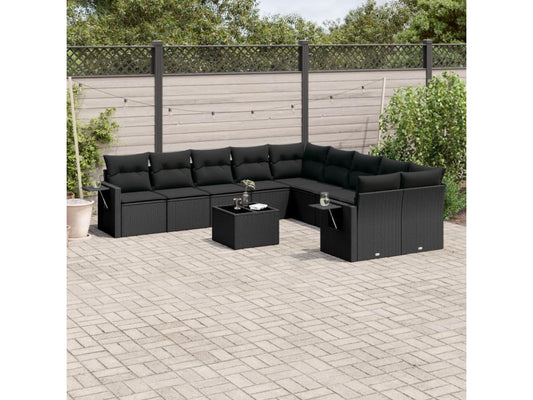 Set di mobili da giardino da 11 pezzi con cuscini, in resina intrecciata nera, 96721LDDX