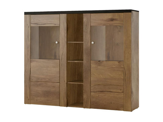 Credenza di design a due ante per soggiorno, finitura effetto legno rovere e nero - collezione Calmetop. 24496VQRI