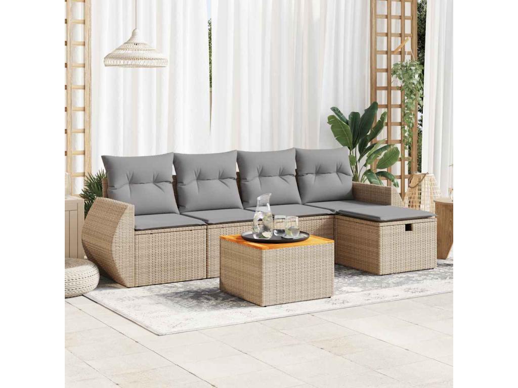 Set di mobili da giardino con cuscini, 6 pezzi, resina intrecciata beige, 02771PBBW